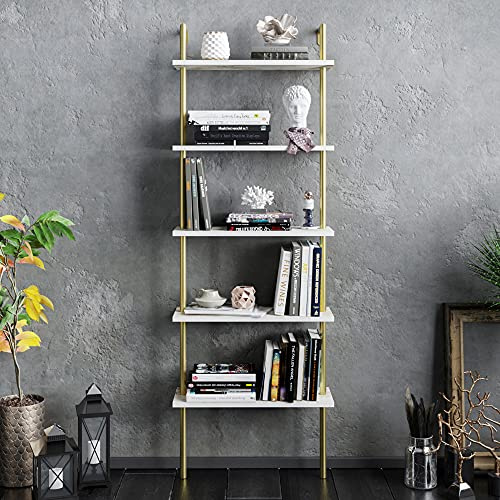 DECOROTIKA Paulina Industrial 5-Tier Bookcase Bookshelf Shelving Unit with Multiple Color Options (Gold and White Marble Effect)