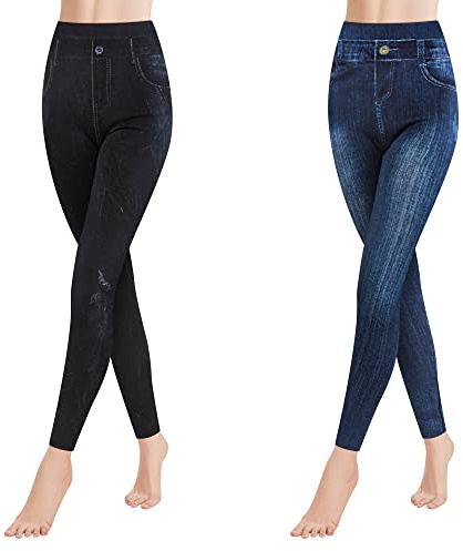 GOVIA Termoleggings dam jeanslook byxor med foder hög midja jeggings fodrade 4109 VA, 2-pack C+f, S/M