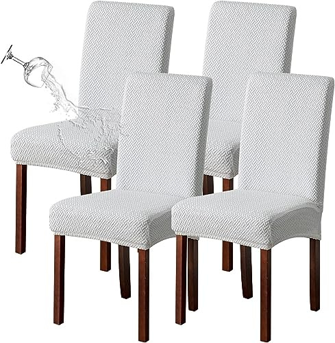 KELUINA Stretch Wasserabweisende Twill Jacquard Esszimmer Stuhlhussen Home Decor, Stuhlhussen für Esszimmerstühle Restaurant Hotel Zeremonie (Weiß, 4 Stück)