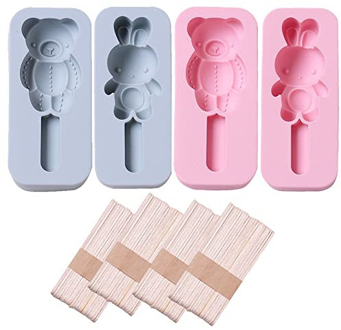 CANDeal Moules à Popsicle Lot De 4, Lapins Et Ours Ice Pop Moules Silicone Cavités Individuelles Moule à Crème Glacée Cake Pop Moule avec 80 Bâtons en Bois pour DIY Popsicle