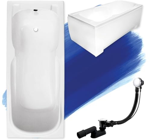 BADLAND Badewanne Original Weiß Acryl Wanne Rechteck MAJKA 160x70 KOMPLETTSET SET mit Weiß Acrylschürze + Füßen und Exklusive Chrom Automatik Ablaufgarnitur Made in EU 4in1