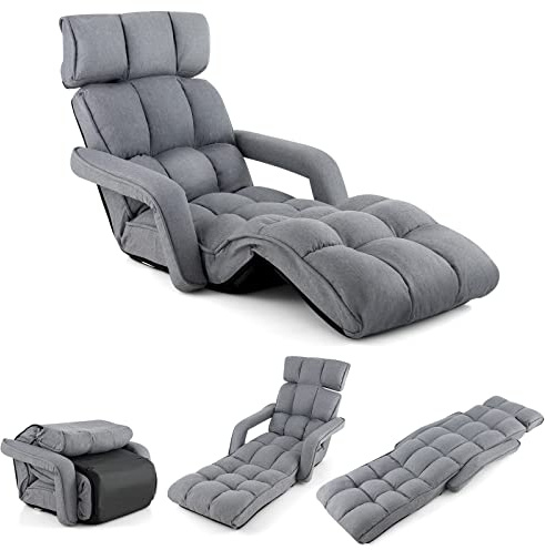 LIFEZEAL 1-sits konvertibel stol med justerbart ryggstöd 6 positioner | Relax stol med nackstöd, hopfällbar lässtol, 8 inställda fotstöd, grå