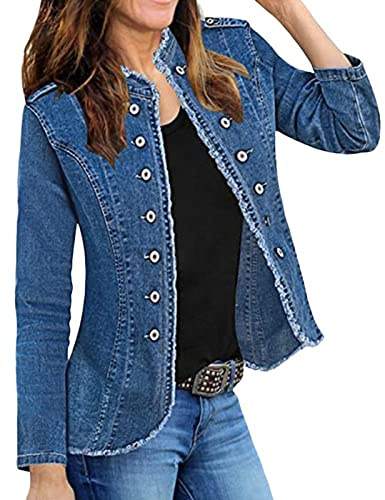 LITTLA Blouson Jean Femme, Costume Femme Veste en Jean Mode Bleu Gland Effiloché Manches Longues Boutonné Veste Veste Vintage Slim Wash Manteau en Denim Délavé Printemps Transition Casual Outwear,M