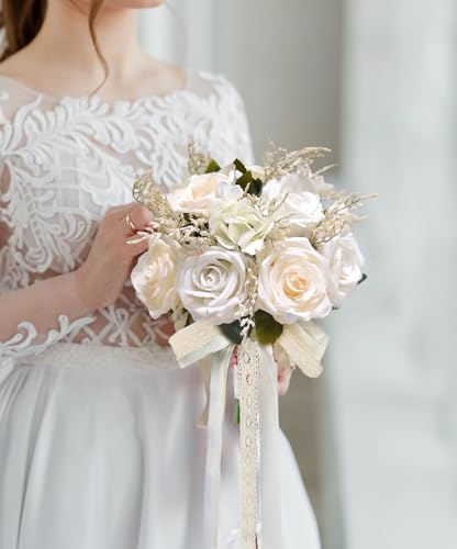 YSOJMAN Brautsträuße für Hochzeit, Elfenbein, Champagner, künstliche Blumen, Rosen, Werfen, Blumenstrauß für Brautjungfer für Hochzeitszeremonie, Jahrestag