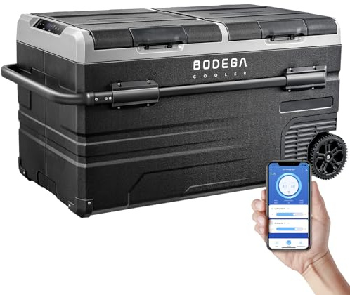 BODEGA COOLER 12 volt bilkylskåp, 121 quart RV kylskåp dubbelzon APP-kontroll, bärbar frys, (115 L) °C-22 ° C elektrisk kompressor stor kylare 12/24 V DC och 100-240 V AC extern