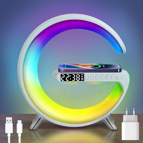 HOUSINN Lámpara de Ambiente Inteligente con Cargador Inalámbrico, 2023 Regulable Lámpara de Luz Nocturna Música, Control de App, Luz Ambiental para Trabajo Hogar Dormitorio Oficina (Gris)
