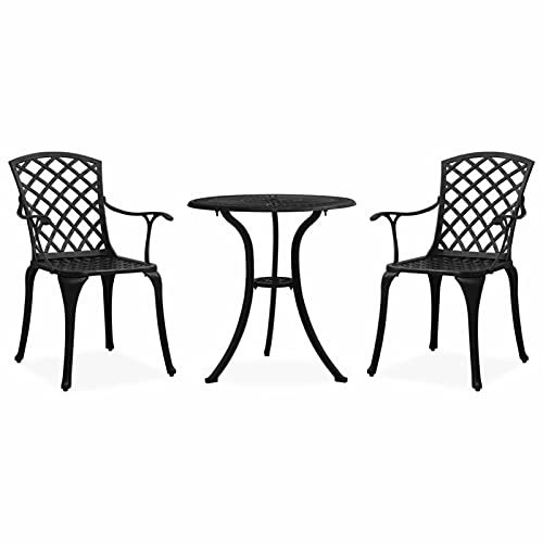 Homgoday 3-teiliges Bistro-Set aus Aluguss Schwarz, Bistrotisch und Stuhl für Balkon, Terrasse und Hinterhof Outdoor Gartenmöbel Terrasse Bistro Set