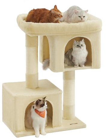 Feandrea Kratzbaum, 101 cm, M Katzenhaus bis zu 20 kg, 2 Katzenhöhlen | Katzenbaum für extra große Katzen, große Plattform, Sisalstämme, beige, CLAWFY Kollektion PCT614M01