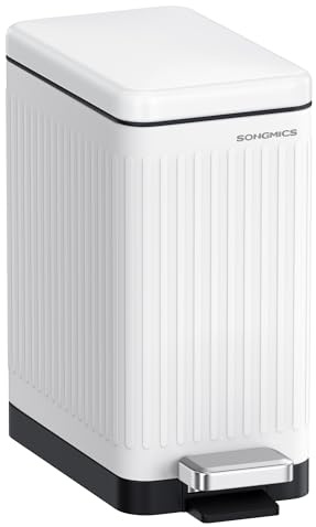 SONGMICS Bathroom Trash Can, 2.6-Gallon (10 L) Trash Bin with Lid, Slim for Small Spaces, Stainless Steel Garbage Can, Soft Close, White ULTB562W01