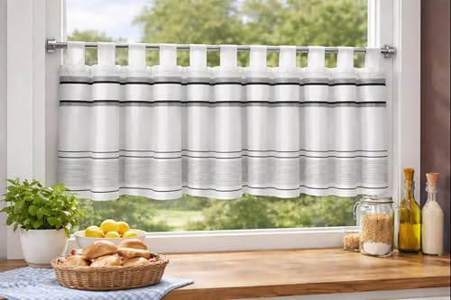 KAMACA Bistrogardine mit Schlaufen Panneau Scheibengardine Küchengardine Kurzstore transparent Küche Schlaufenpanneau Voile ganzjährig (HxB 45x140 cm Buzz schwarz Weiss)