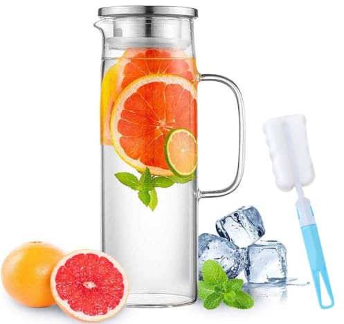 MEETOZ 1.5L Water Carafe Jug with Lid,Water Kettles for Hot and Cold Beverages,Borosilicate Glass Water Jug,with Cleaning Brush for Tea Cafe Lemonade Milk Juice and More
