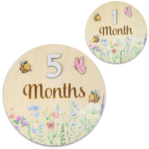 Baby Monthly Milestone Cards - Wooden Monthly Milestone Discs - Newborn Photography Props to Document Your Baby´s Growth - Baby Announcement Sign (Circle Flower)