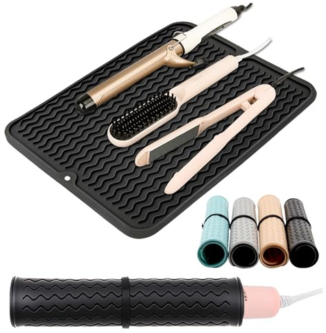 Hitzebeständige Silikonmatte, Übergröße, Heizmatte mit Lockenstab, Reise-Abdeckkissen für Lockenstäbe, Haarbänder und Styling-Werkzeuge (39,9 x 30 cm) (schwarz)