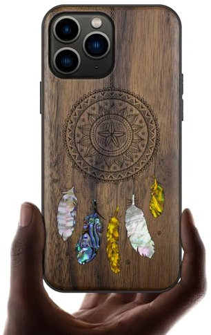 Carveit Étui pour iPhone 11 Pro Coque [Gravure en Bois et Incrustation de Coquille] Cover Compatible avec Apple 11 Pro Etui Bois Luxe et Case (Noyer-L'étreinte de Dreamcatcher)