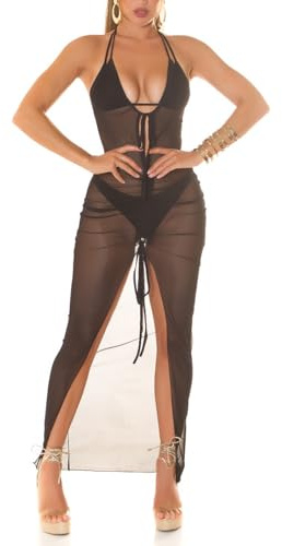 Koucla Vokuhila strandklänning med halterneck maxiklänning mesh cover up klänning transparent med knytband, svart, M