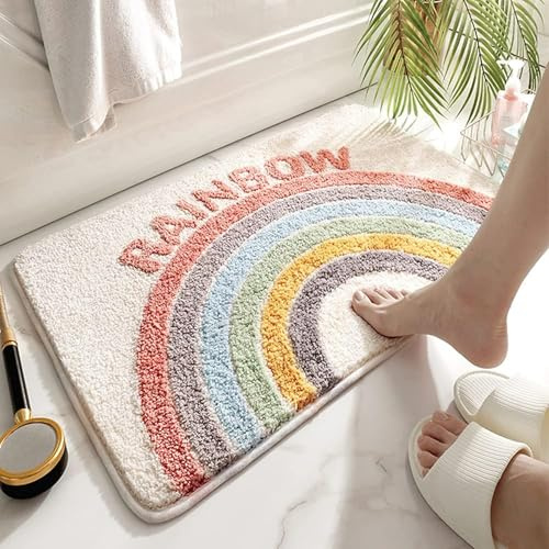 Trlyane Badezimmermatte 50 x 80 cm, Rutschfester Badvorleger, Regenbogen | Weicher Badvorleger aus Mikrofaser, Rutschfest und Maschinenwaschbar, für Bad, Dusche, Kinderzimmer und Flur