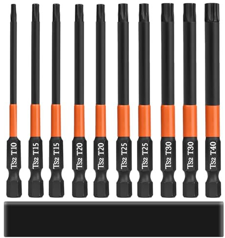 Saipor Set de 10 embouts longs Torx pour tournevis et visseuse électrique, Longueur 100 mm Embouts Tournevis Torx Magnétiques, Tige hexagonale de 1/4, T10, T15, T20, T25, T30, T40