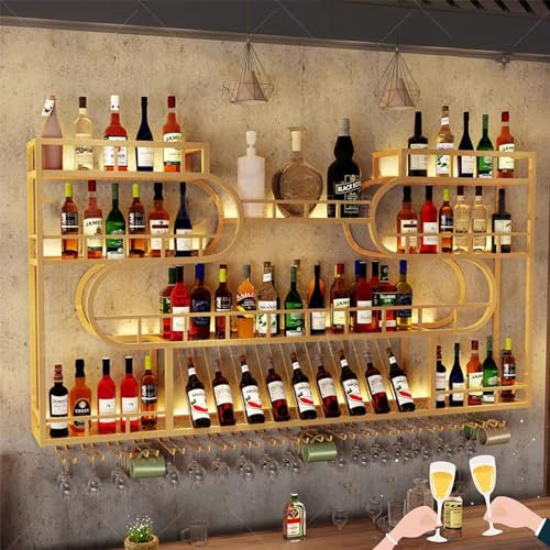 Weinregal Wand Metall mit Licht Flaschenregal Schmal Wine Rack Bar Regal Wand Weinschrank Hausbar Barschrank mit Weinglashalter Getränke Regal Mini Bar Vitrine Hängend für Bartheke Wohnzimmer(Gold,39.