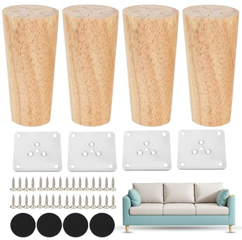 Wooden Furniture Legs, 4 PCS 10 cm Solid Wood Furniture Legs, Replacement Sofa Legs Mid-Century Modern Wooden with Rubber Protection Pad Screws Mounting Plates for Sofa Couch Armchair Cabinet TV Stand