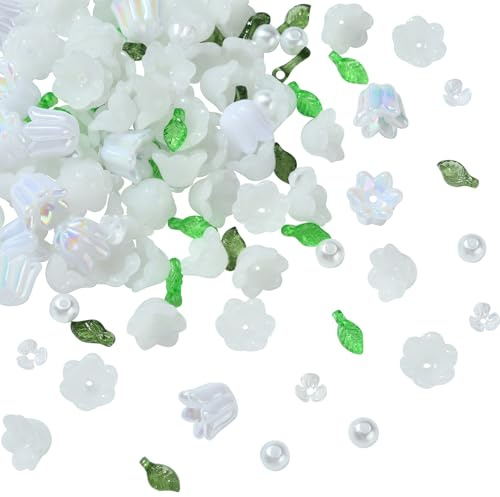 BEEFLYING 180Pcs Mixed White Glass Flower Beads Acrylic Leaf Beads Floral Charms Loose Spacer Bead for Jewelry Bracelet Earring Making and Craft Diy