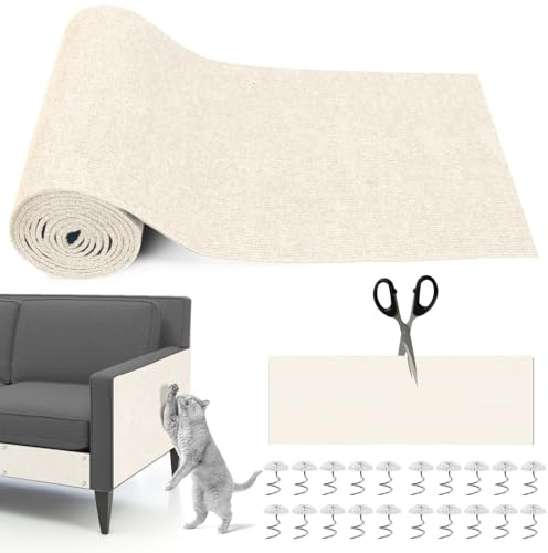 300cm x 40cm Alfombra Rascador Gatos, Tapete Rascador Gatos Autoadhesivo, DIY Recortable Protector Sofa Gatos con 20 Tornillos para Proteger Sofá Muebles Pared (Blanco Roto)