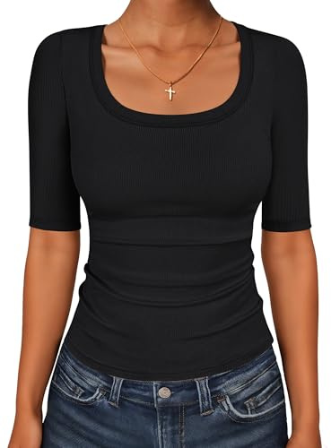 ANRABESS Womens Half Sleeve Tops Scoop Neck Ribbed Knit Slim Fitted Basic Tee Shirts Summer 2026 Trendy Spring Casual Clothes Black Large
