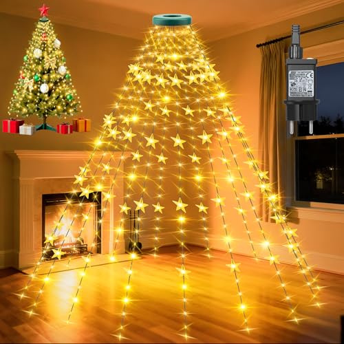 cshare Lichterkette Weihnachtsbaum, 2M 400er LED Christbaumbeleuchtung Sterne Lichterketten mit Ring und 16 Girlanden, Timer, Wasserdicht für 1.5-2.5M Tannenbaum Weihnachtsdeko Außen Innen, Warmweiß