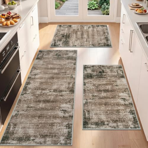 Famibay Küchenteppich-Set, 3-teilig, rutschfest, waschbar, Küchenläufer, Bodenmatte, rotbraun, modern, abstrakt, für Küche, Waschküche, Flur, 50 x 120 cm + 50 x 80 cm + 50 x 80 cm