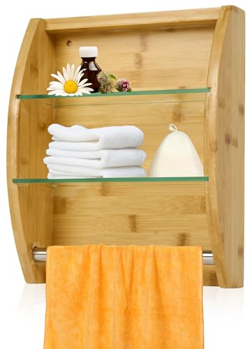 Suleno Sauna Regal aus Nadelholz mit 2 Glaseinlegeböden und Handtuchhalter – Wandregal Sauna Zubehör Aufbewahrung, Wellness Sauna Einrichtung, Holzregal Wandmontage