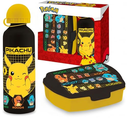 Kinder Cartoon Charakter Lunchbox mit Aluminium Sport Wasserflasche, Kunststoff Snackbox Pokemon für Schule, Kindergarten, Reisen, Picknick & Camping - Schulanfang Geschenk für Jungen & Mädchen
