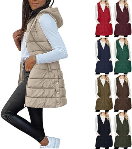 Lange Weste Damen, Leichte Steppweste Damen Ärmellos Weste mit Kapuze Daunenweste Warm Winterjacke Wintermantel mit Reißverschluss Mantel Kapuzenjacke mit Tasche Outdoorjacke Einfarbig Elegant Hoodie