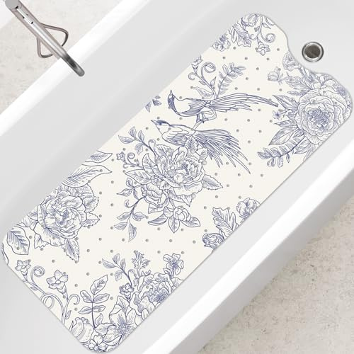 SHUCHING Tappetino Antiscivolo Vasca da Bagno per Adulti, 100x40cm Tappeto Doccia Antiscivolo Senza BPA, Tappetino Bagno Resistente alla Muffa e Lavabile in Lavatrice, Fiori Uccelli