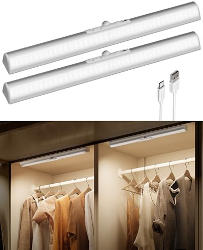 EZVALO 17Inch Motion Sensor Closet Lights, 3600mAh Rechargeable Battery LED Cabinet Lights, 150 Lumens No-Glare Curved, 3 Color Temps & Dimmable Pantry Lights for Wardrobe, Shelves - 2Pack