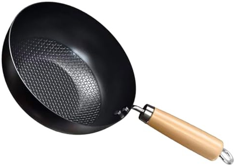 FRCOLOR Sartén Wok Pequeño 20 Cm sin Recubrimiento Acero al Carbono para Cocina Diaria Compatible Estufas Eléctricas Gas, Mango Ergonómico, Adecuado para Saltear y Freír en Casa