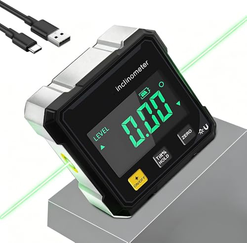 Digitaler Winkelmesser Magnetisch, 4-Seitiger Magnetischer Digitaler Winkelmesser mit Laser IP54 Wasserdicht Digitale Wasserwaage mit mit LCD-Display für Holzarbeiten, Bau, Dekoration (Grünes Licht)