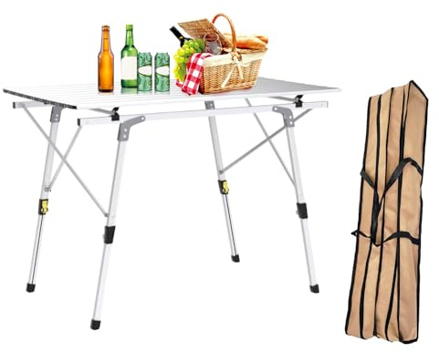 CampLand Adjustable Aluminum Camping Table, Portable Outdoor Folding Table, Lightweight Portable Surface for Camping, Picnic, Beach Trips & BBQ（Silver）