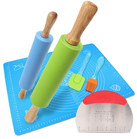 Non-Stick Silicone Rolling Pin Set,Combo Kit of Large and Small Non-Stick Silicone Dough Rollers and Pastry Cutter,Pastry mat,Scraper,Brush