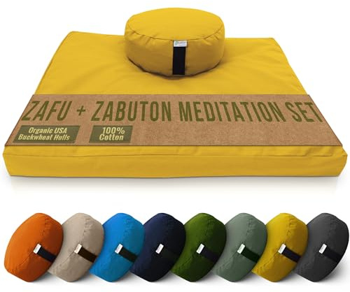 Meditation Cushion Mat Set - ROUND Zafu Floor Pillow Organic Buckwheat Pillow + Cotton Filled Zabuton Prayer Pad - Meditation Pillow Yoga Knee Pad - Made in USA - 14 Round, SAFFRON Cotton