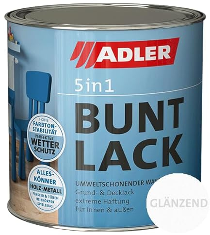 ADLER 5in1 Buntlack - Glänzend - 750 ml - für Innen und Außen - Wetterfester Lack und Grundierung für Holz, Metall & Kunststoff, RAL9016 Verkehrsweiß