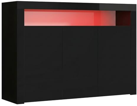 Panana High Gloss 3 Door Sideboard Cupboard with LED Lights Large Display Cabinet Storage Unit for Living Room Bedroom (Black)