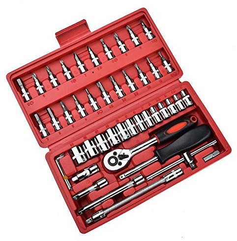 Jeu de 46 douilles Classic 1/4 avec cliquet réversible, douille à embouts, rallonges, douilles hexagonales, etc. dans un coffret en plastique solide.