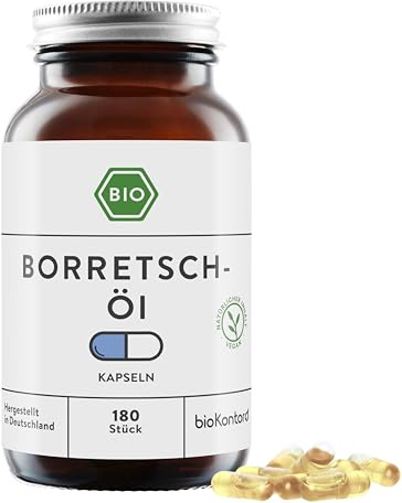bioKontor – BIO Borretschöl Kapseln 180 Stück – 1000mg Tagesdosis – vegan | 3-Monats-Vorrat – deutsche Herstellung und Handabfüllung – Borretschöl bio kaltgepresst – nativ – aus Borretsch Samen