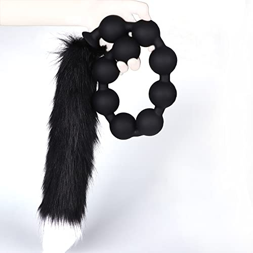 NAIXBTY Foxtail Anal Plugs Silikon Analkugeln Biegsam &Hautfreundlich Analplugs Anal Kette mit neun Kugeln in für Eine Sexuelle Stimulation,Sexspielzeug für Männer Frauen Cosplay (M-schwarz+schwarz)