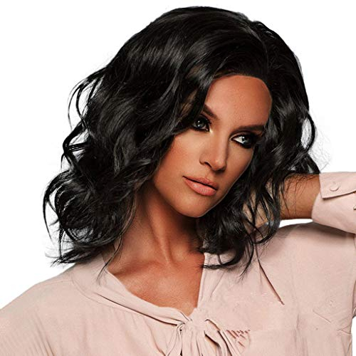 Locken Perücke Kurz Damen Glueless Perücken Kurzhaarperücke Haarnetz vorne Frauen schwarz gewellt gewöhnliche Perücke Netz Oberteil (Black, One Size)