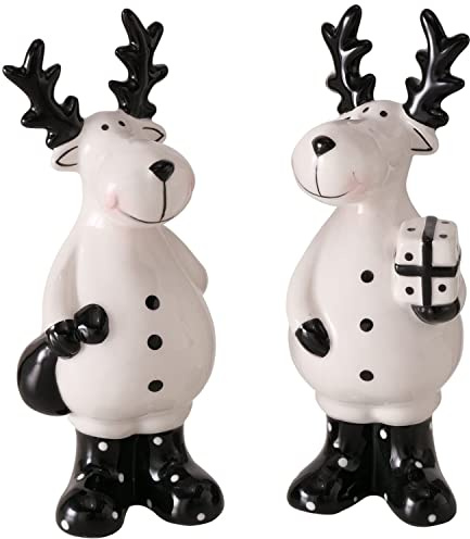 MamboCat 2tlg Set Deko-Aufsteller Hirsch Blitzy I Schwarz-Weiß I aus Keramik I 2 Dekore I Weihnachts-Figur I Wohnzimmer, Esstisch I Advents-Dekoration zum Hinstellen I Elch, Reindeer, Rentier
