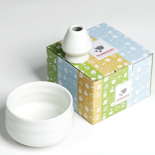 TEANAGOO Japanese Matcha Bowl & Matcha Whisk Holder (Chasen), Matcha Chasen Holder MB-1, 18OZ / 510 ML, Matte Green, 2 Pcs/Boxes, Handle Mixing Wisk Stand, Match Sifter Whisker, Handmade Brush Tools