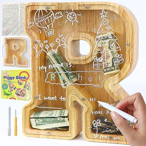 Mikytoper Hucha con letras para niños y adultos, de madera, personalizada, A-Z, con área objetivo, alfabeto transparente, alcancía de dinero para decoración de regalo, bautizo (R)