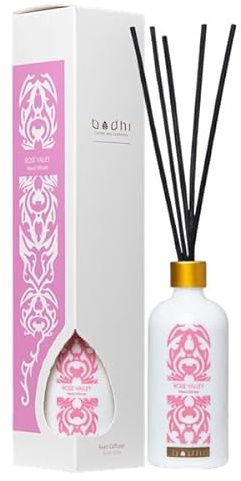 Bodhi® Premium Raumduft Rose Valley 90 ml – Duftstäbchen mit zartem Blumenduft für Ihr Zuhause und Badezimmer, im weißen Design, Aroma Diffuser ohne Alkohol