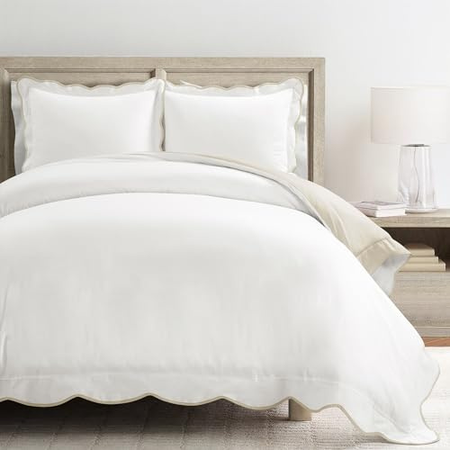 Lush Decor Coastal Chic Scalloped Edge Cotton Duvet Cover Set, 3 Piece Set, Full/Queen, Neutral & White - Queen Bedding Set - White Duvet Cover Queen - Coastal Decor