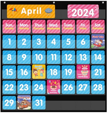 ANSTROUT Grand calendrier 44 poches classe 85 cartes 63,5 x 61 cm calendrier tableau noir apprentissage enfants